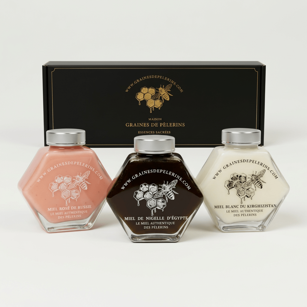 COFFRET DÉCOUVERTE Miels Blanc, Nigelle, Rose 3×250g