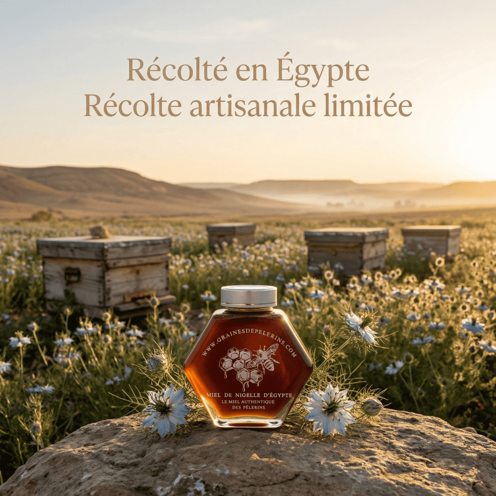 Miel de Nigelle d'Égypte présenté avec cuillère bois