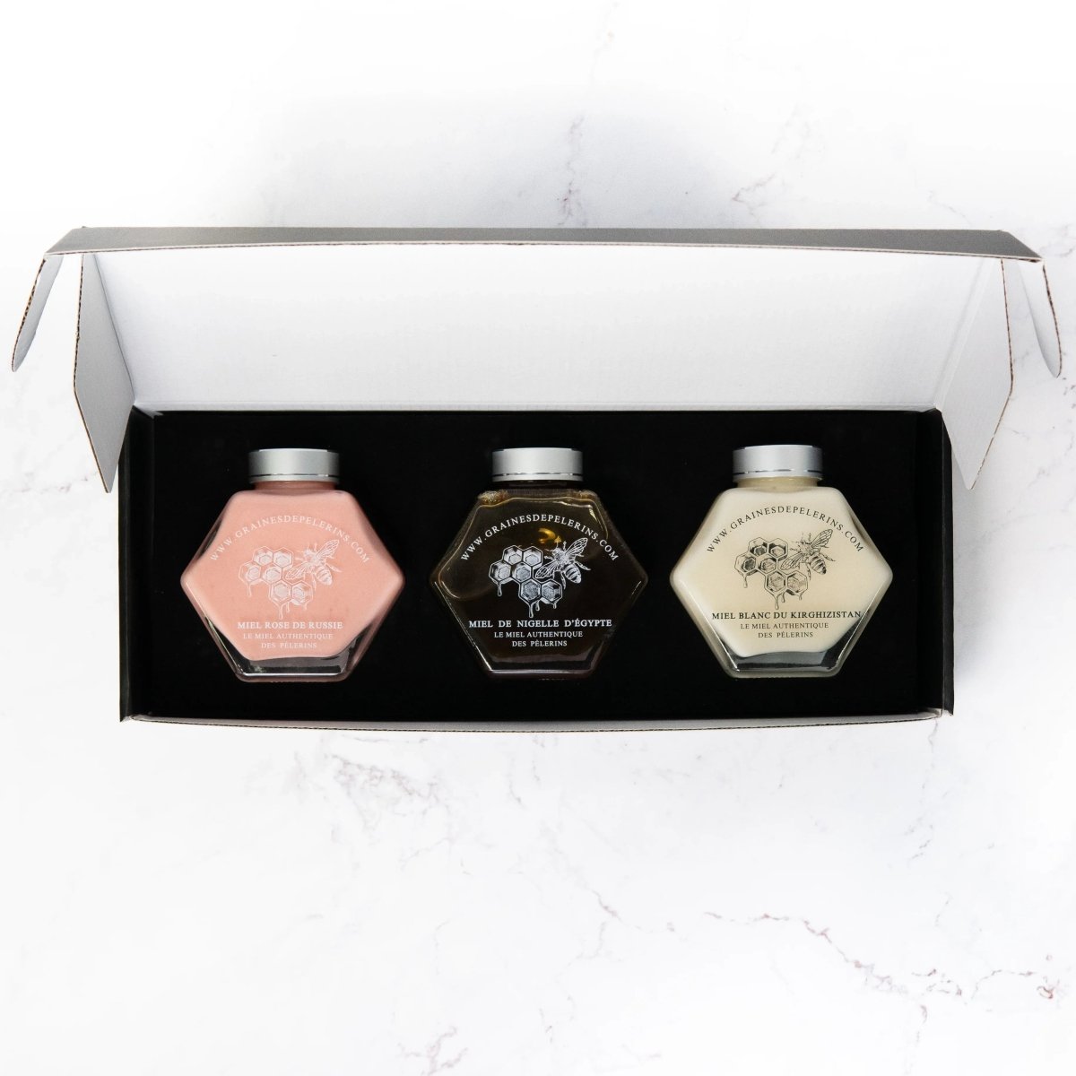COFFRET DÉCOUVERTE Miels Blanc, Nigelle, Rose 3×250g