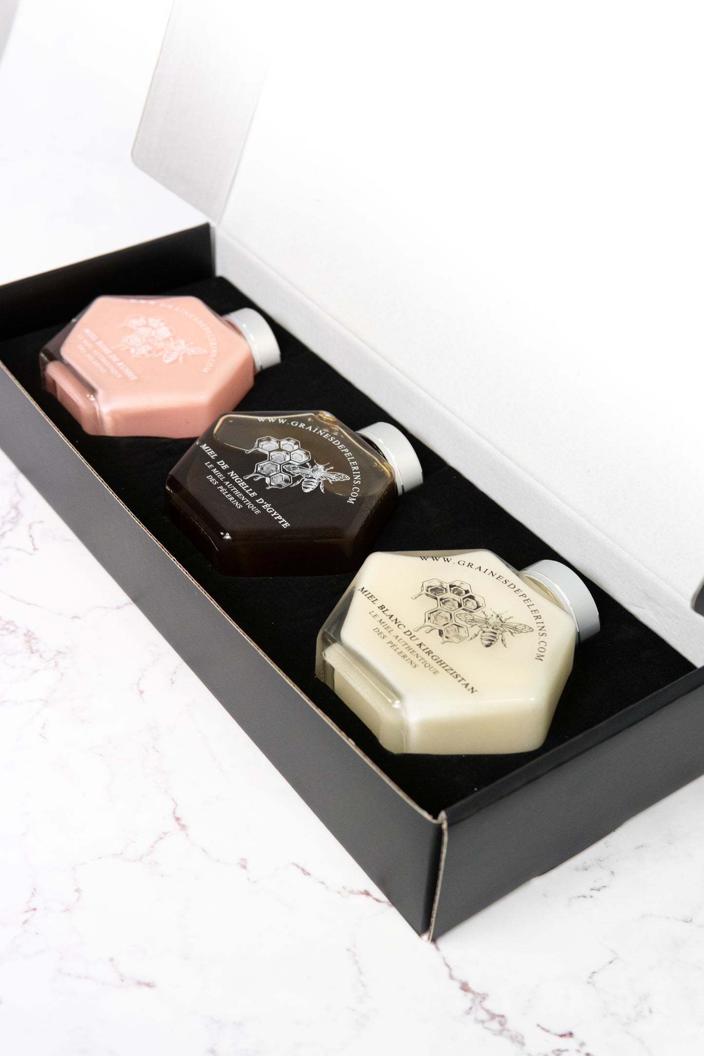 COFFRET DÉCOUVERTE Miels Blanc, Nigelle & Rose 3×250g