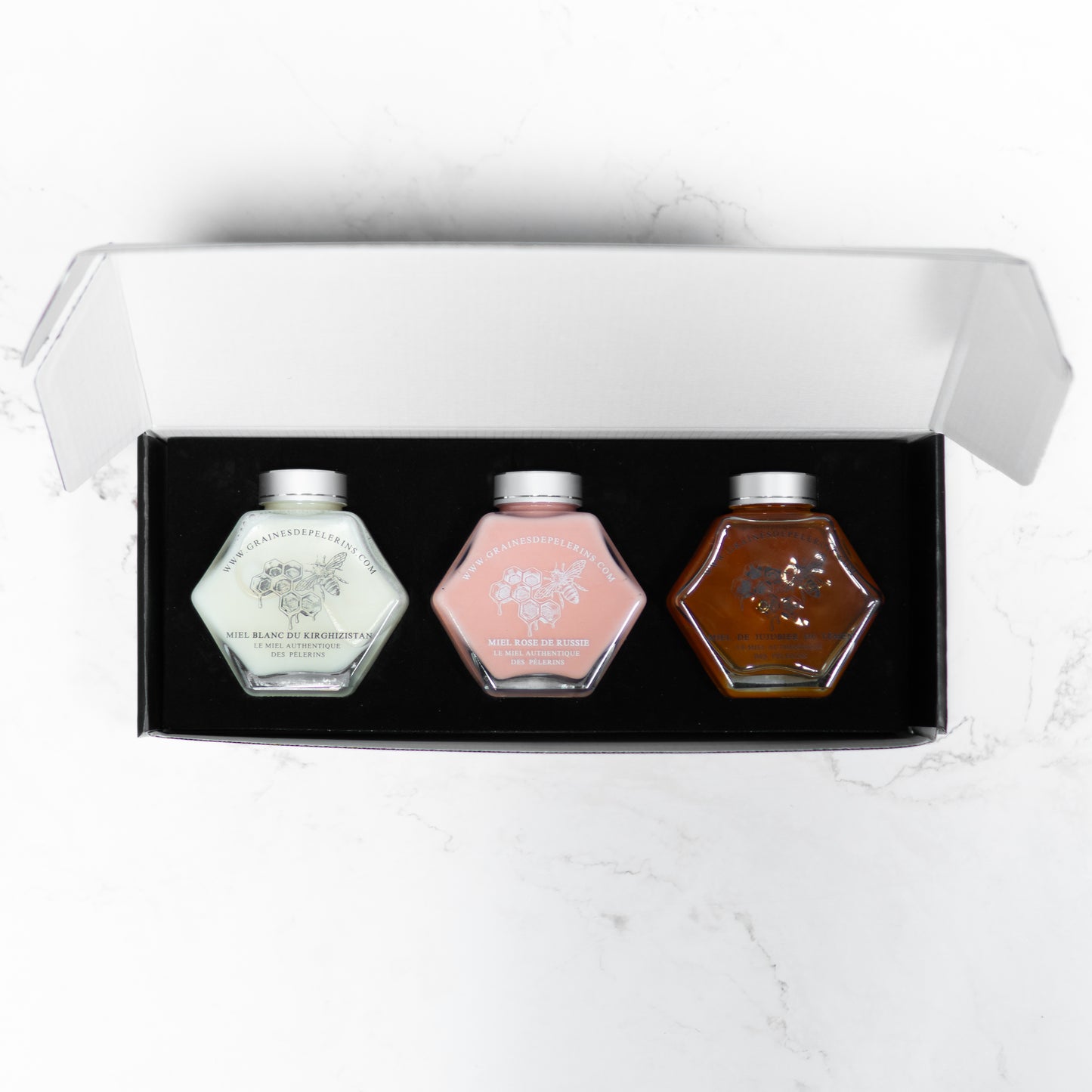 COFFRET PRESTIGE Miels de Jujubier, Blanc & Rose 3×250g
