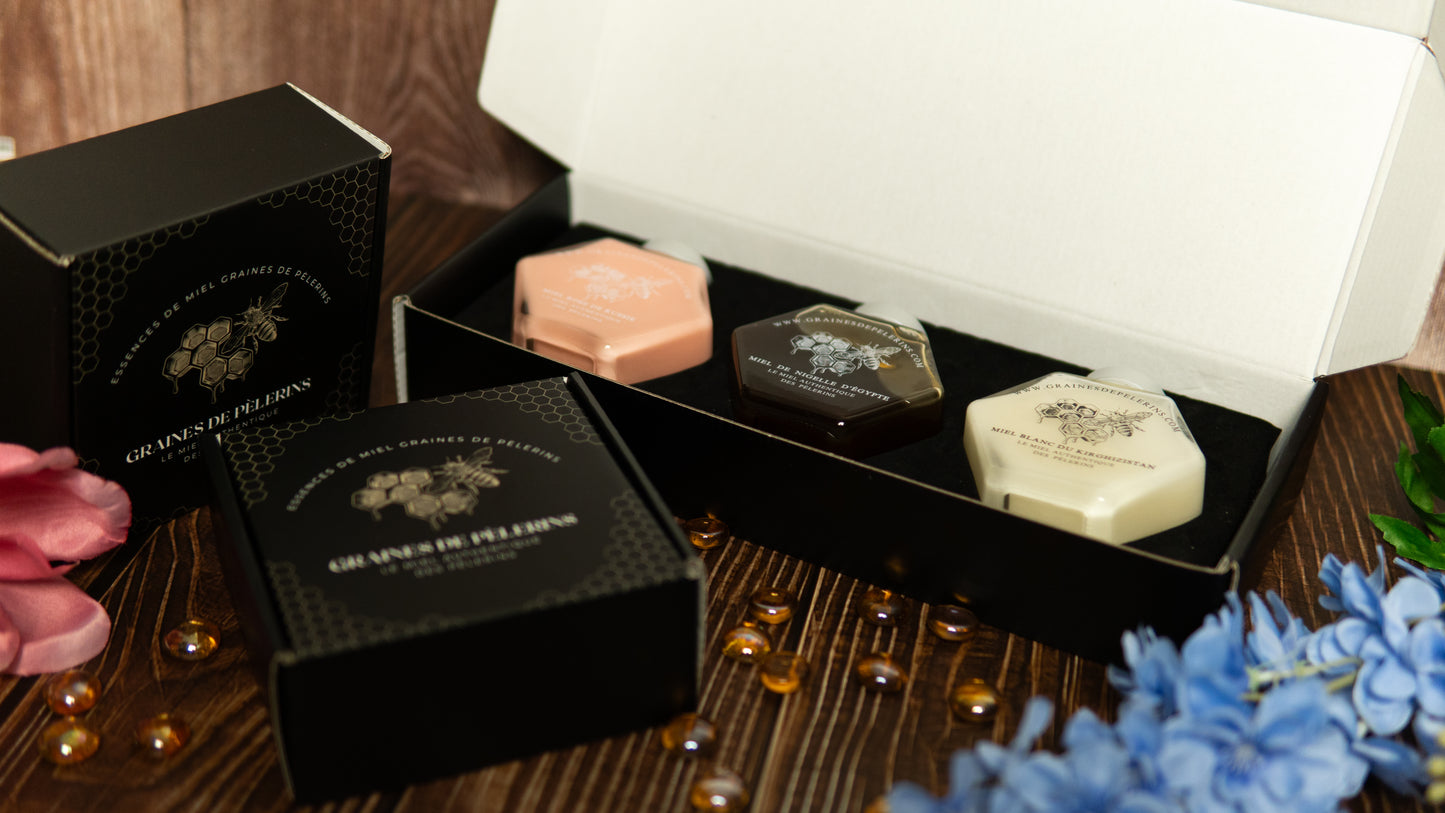 COFFRET DÉCOUVERTE Miels Blanc, Nigelle & Rose 3×250g