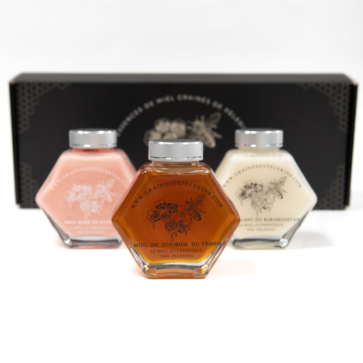 COFFRET PRESTIGE Miels de Jujubier, Blanc & Rose 3×250g