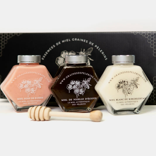 COFFRET DÉCOUVERTE Miels Blanc, Nigelle & Rose 3×250g
