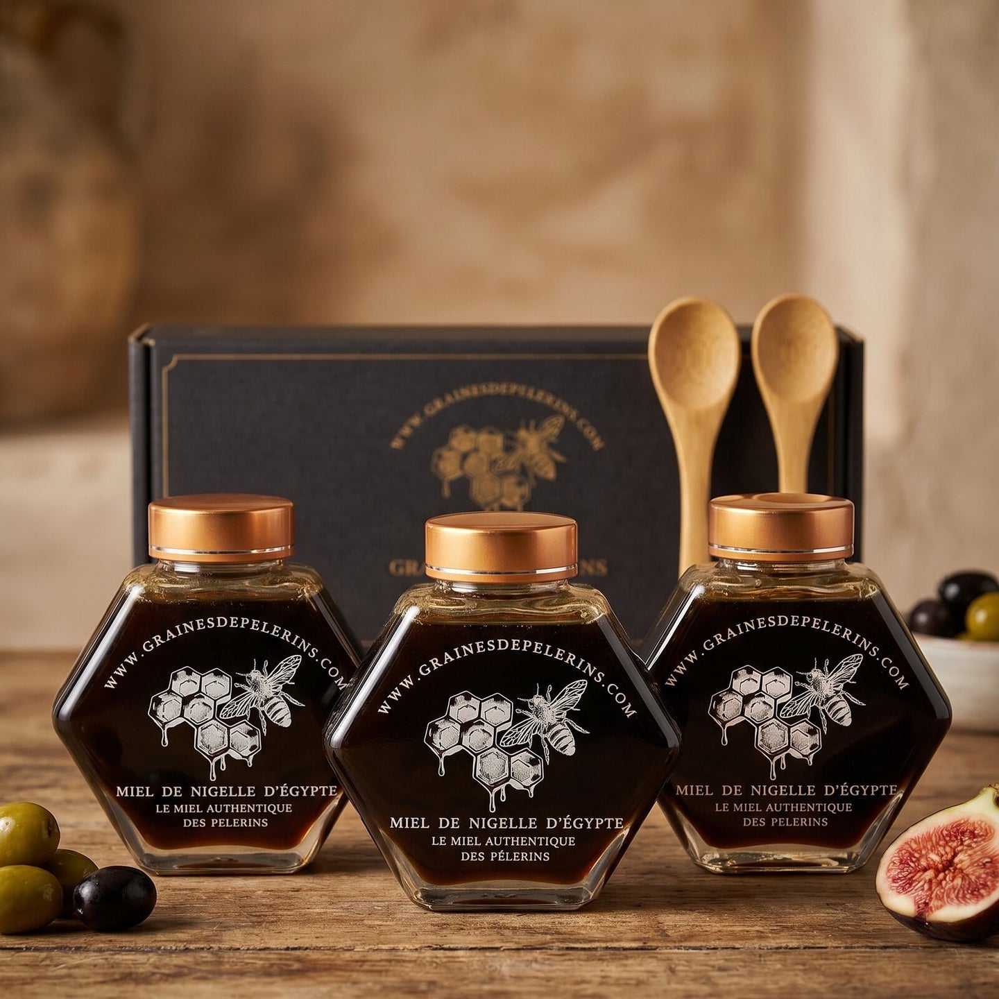 Trio Miel de Nigelle d'Égypte, 3×250g, écrin et cuillères bambou, été