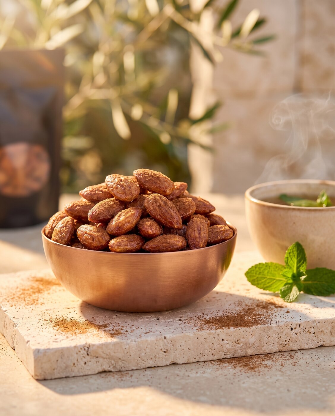Amande Cannelle, moment thé à la menthe, bol de cuivre rempli d'amandes à la cannelle sur pierre claire