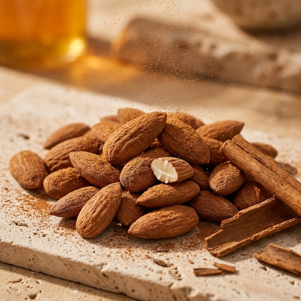 Amande Cannelle, macro amandes longues effilées et poudre de cannelle mate sur pierre claire, sans emballage