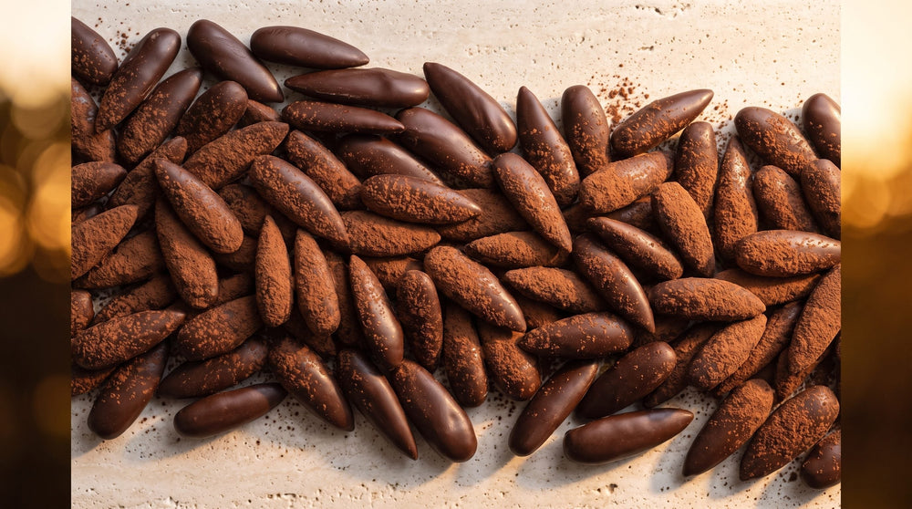 Amande Chocolat, bande texture amandes longues effilées, cacao poudreux mat et éclats de fève sur pierre claire