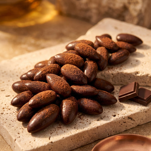 Amande Chocolat, macro amandes longues effilées et cacao mat, éclats de fève sur pierre claire, sans emballage
