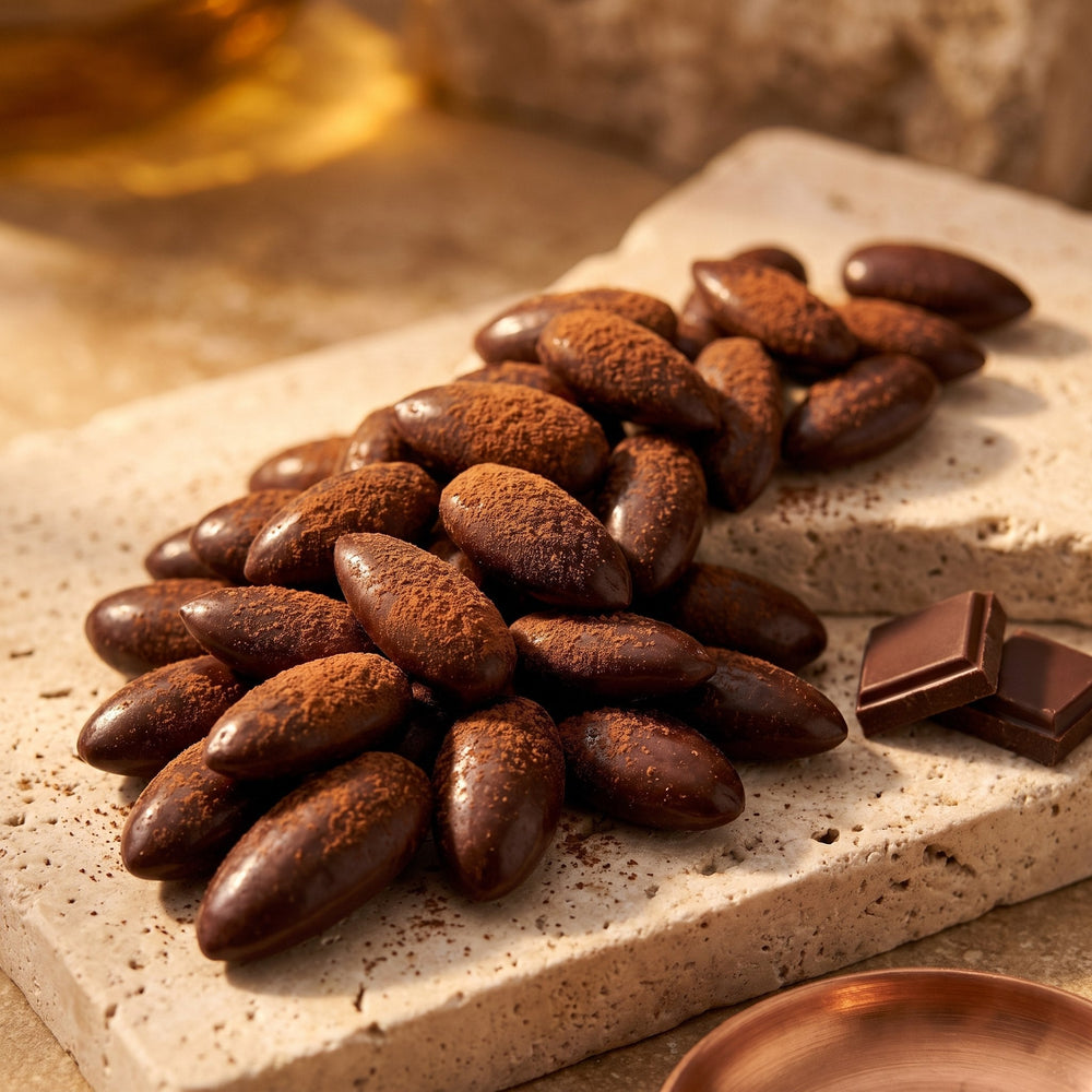 Amande Chocolat, macro amandes longues effilées et cacao mat, éclats de fève sur pierre claire, sans emballage