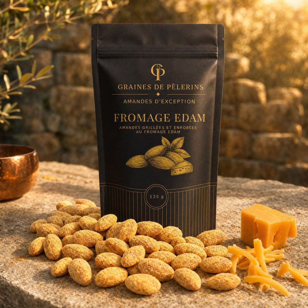 Amande Fromage Edam, sachet Graines de Pèlerins debout sur pierre travertin, poudre de fromage mate