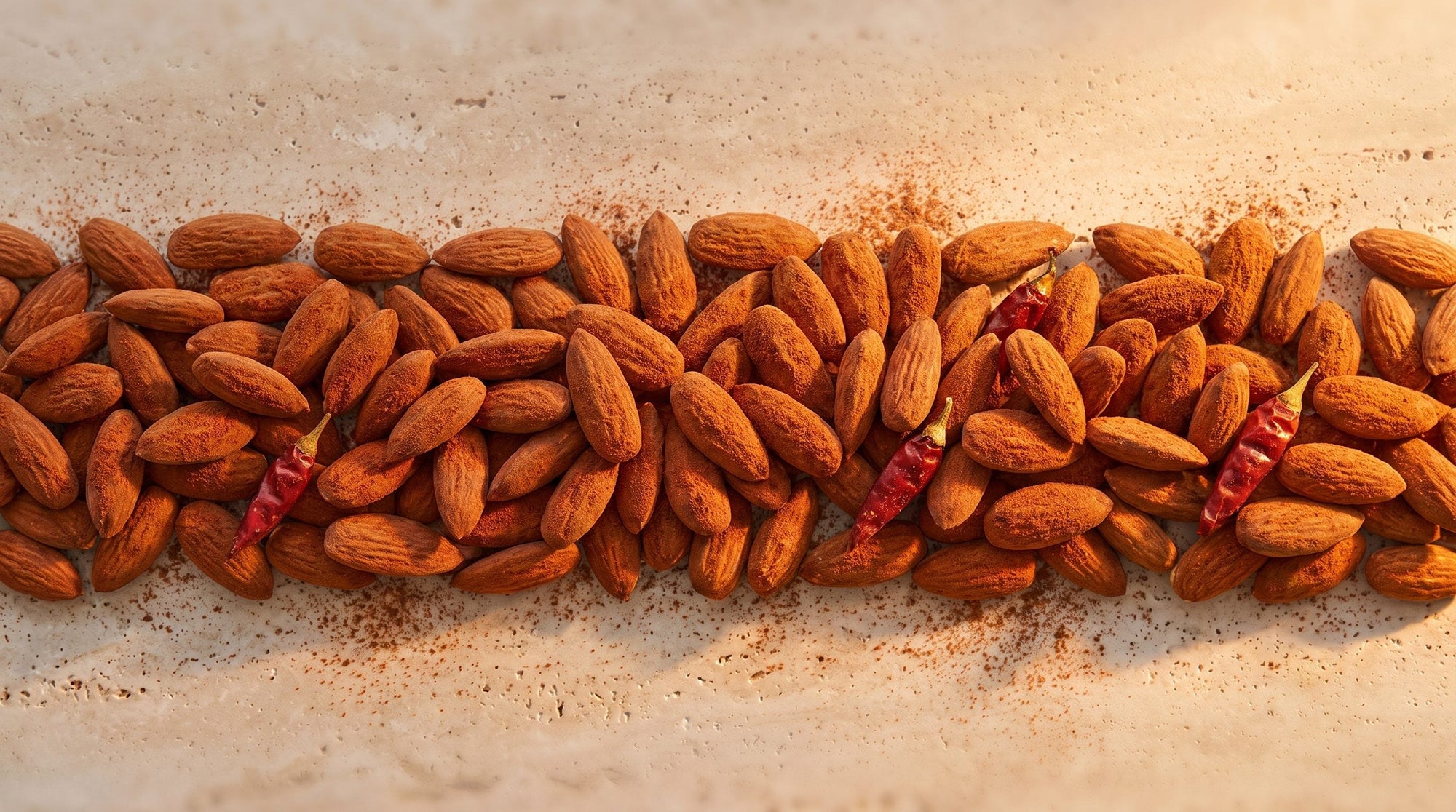 Amande Piment, bande texture amandes longues effilées et piments frais sur pierre claire