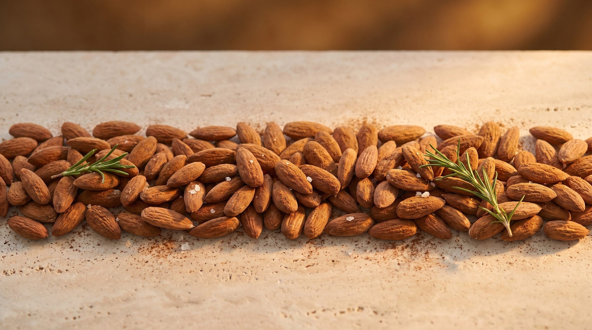 Amande Salées Fumées, bande texture amandes longues effilées, gros sel et romarin sur pierre claire
