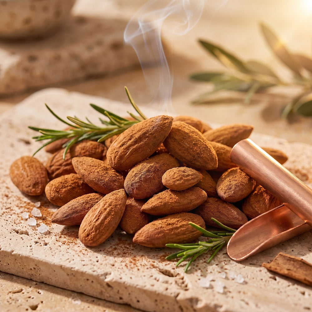 Amande Salées Fumées, macro amandes longues effilées grillées et gros sel sur pierre claire, sans emballage