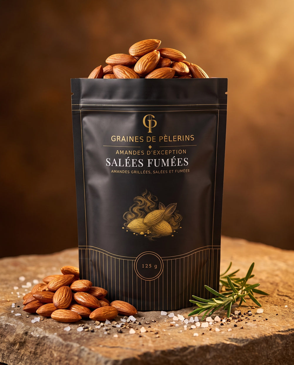 Amande d'Exception · Salées Fumées Graines de Pèlerins · sachet ouvert débordant d'amandes