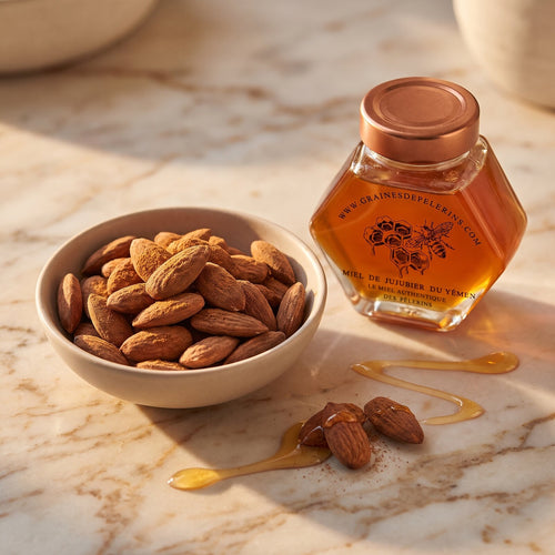 Accord Cannelle et miel, bol d'amandes mates et pot de miel Graines de Pèlerins