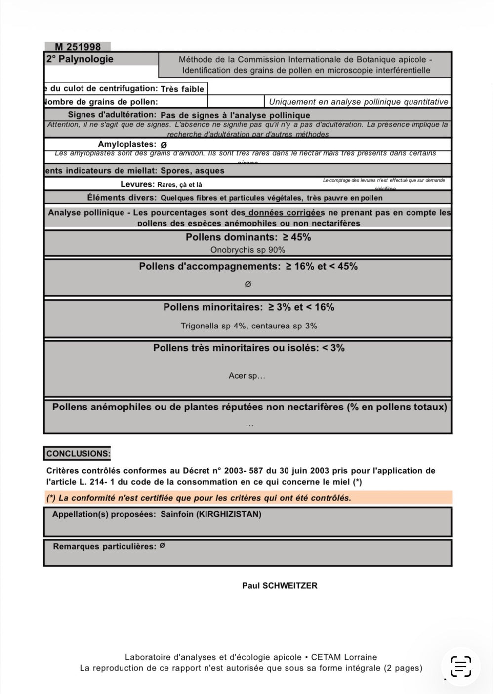 Rapport d'analyse CETAM Lorraine — Miel Blanc (Sainfoin), page 2 : palynologie (Onobrychis 90%) et conclusions (conforme Décret 2003-587)