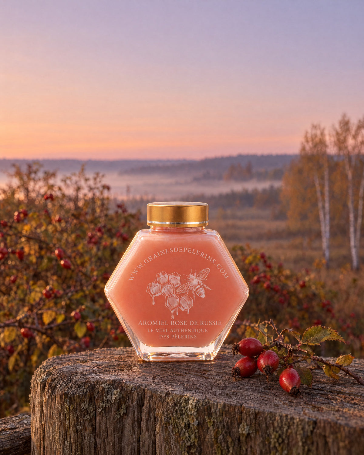 Un pot d’Aromiel Rose sur une souche, des cynorhodons rouges, une forêt de bouleaux à l’aube derrière.