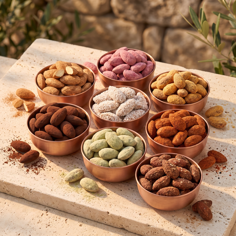 L'Intégrale 8 Saveurs, les 8 saveurs d'Amandes d'Exception Graines de Pèlerins présentées en coupelles de cuivre