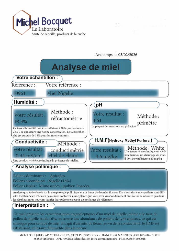 Analyse du miel de Nigelle par le laboratoire Michel Bocquet, 3 février 2026, référence 10961