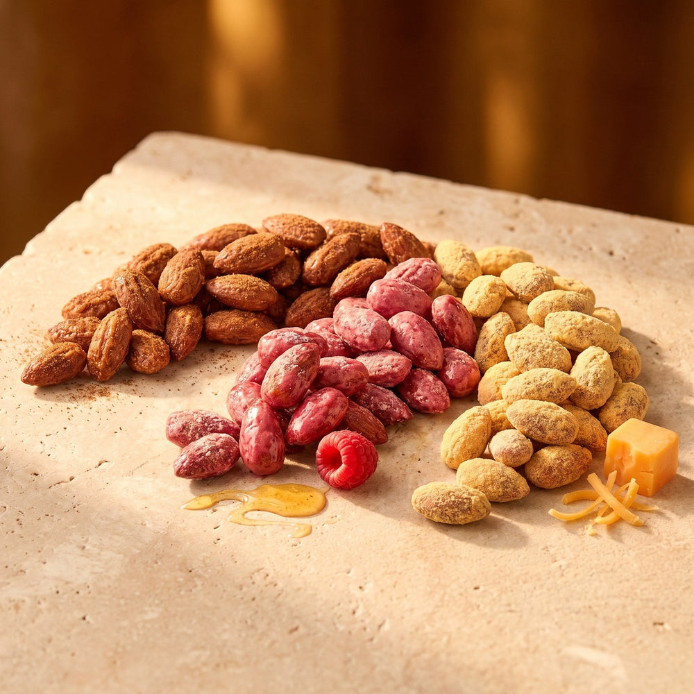 Trio Amandes Découverte, Cannelle, Framboise et Fromage Edam étalées en coupelles, Graines de Pèlerins