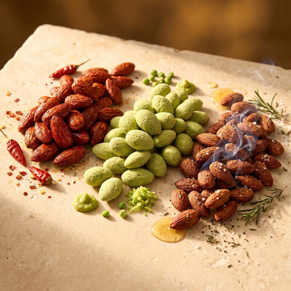 Trio Amandes Salé et Épicé, Piment, Wasabi et Salées Fumées étalées en coupelles, Graines de Pèlerins
