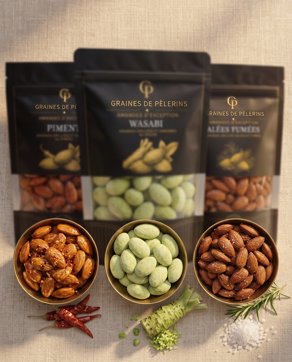 Trio Amandes d'Exception Salé et Épicé - amandes Piment, Wasabi, Salées Fumées présentées en coupelles - Graines de Pèlerins