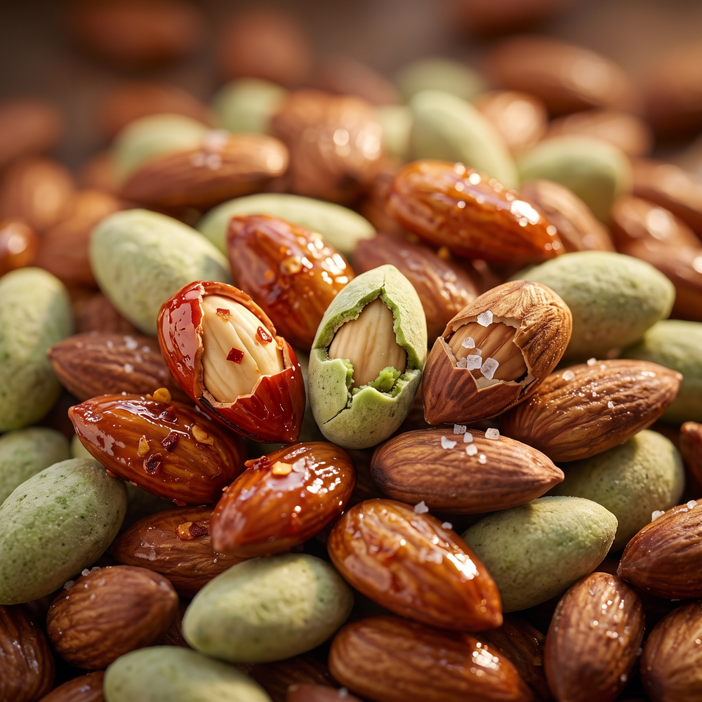 Amandes d'Exception Trio Salé et Épicé - zoom texture croquante Piment, Wasabi, Salées Fumées - Graines de Pèlerins