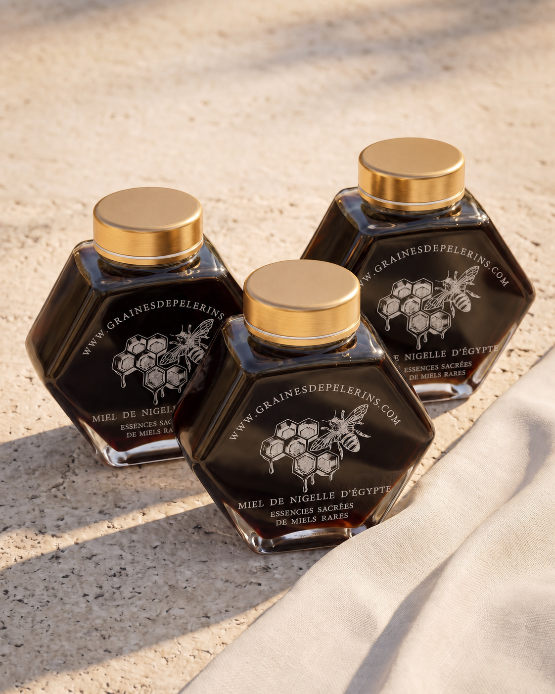 Black Seed Honey Trio with three current jars, presentation box and spoons in summer light