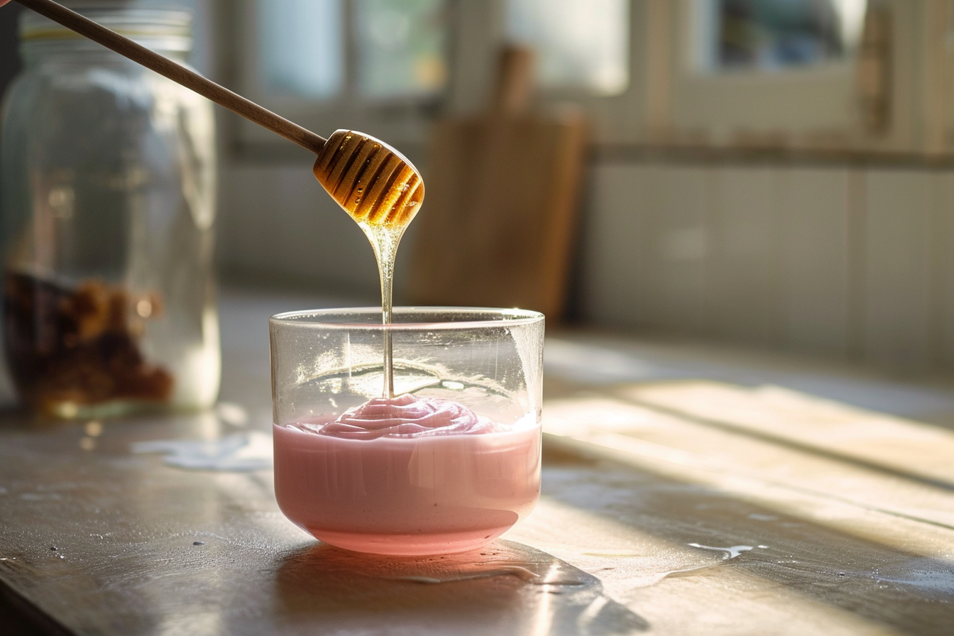 Miel Rose de Russie ajouté à une tasse de thé, parfait pour adoucir et enrichir