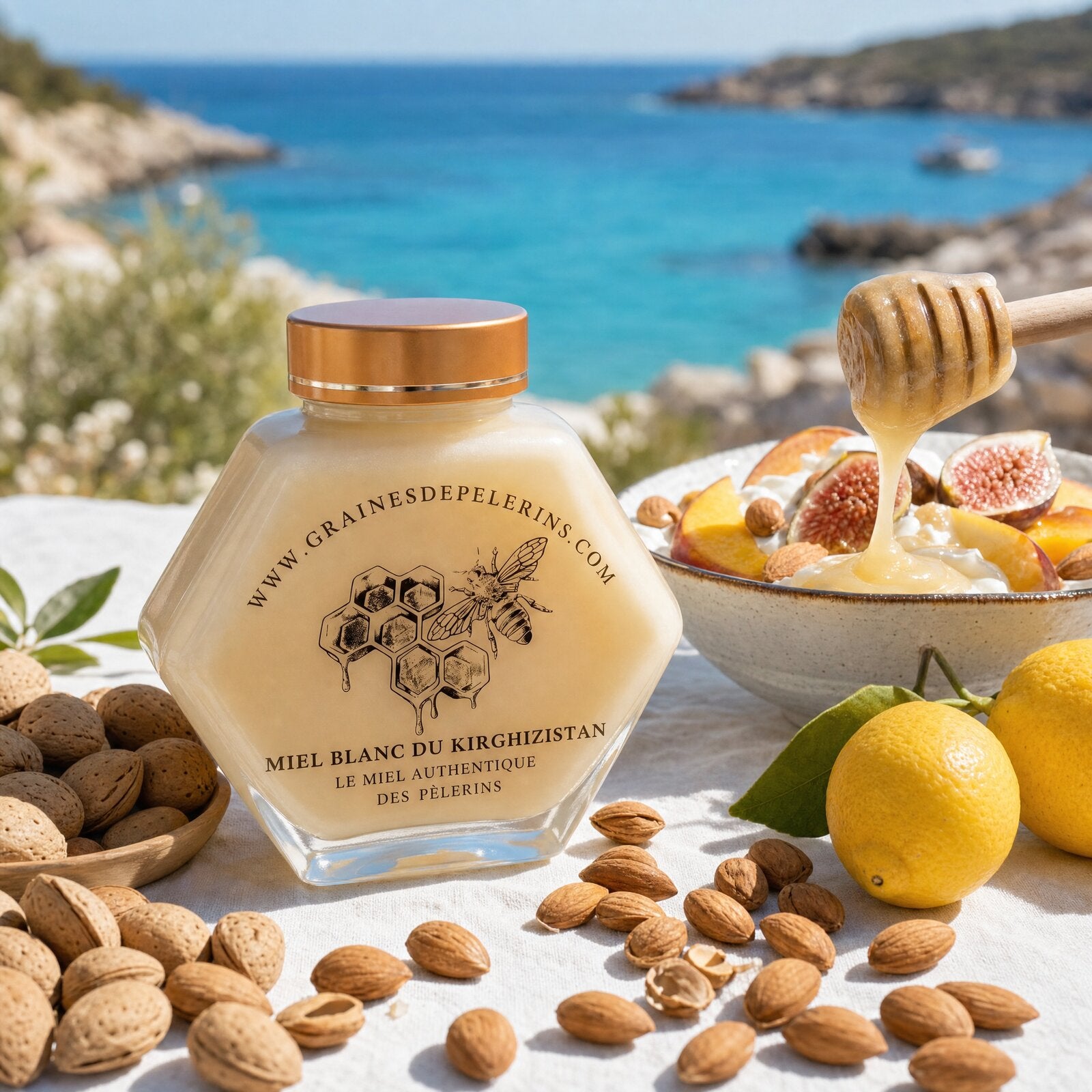 Miel Blanc ivoire servi avec un yaourt, des fruits et des amandes face à la côte méditerranéenne