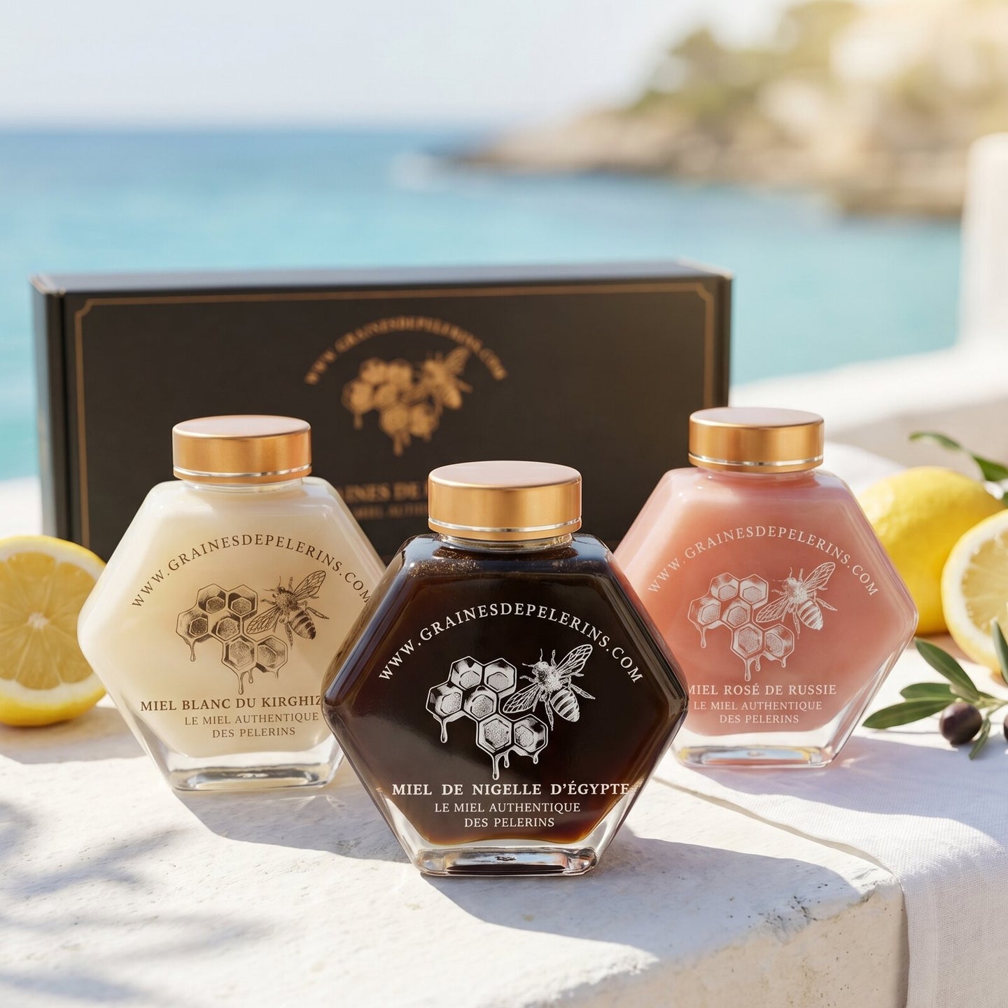 Coffret Découverte, miels Blanc, Nigelle et Aromiel Rose, été