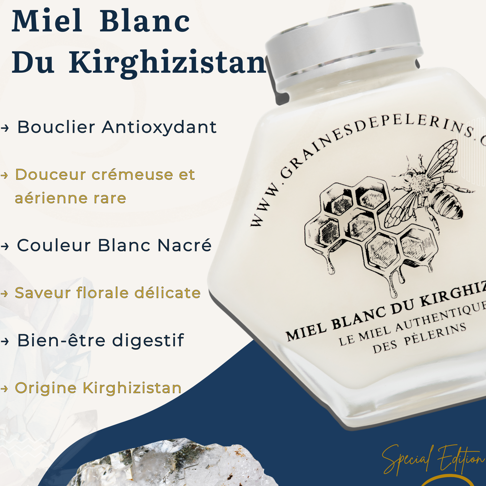 MIEL BLANC DU KIRGHIZISTAN – COFFRET ÉCRIN CUILLÈRE(250G)