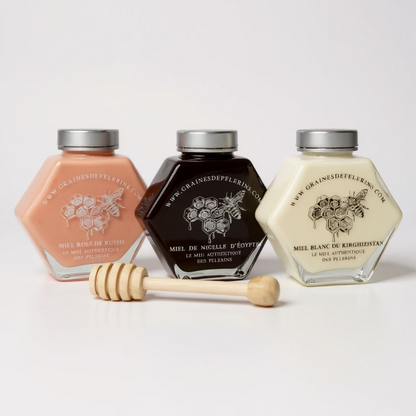 COFFRET DÉCOUVERTE Miels Blanc, Nigelle & Rose 3×250g