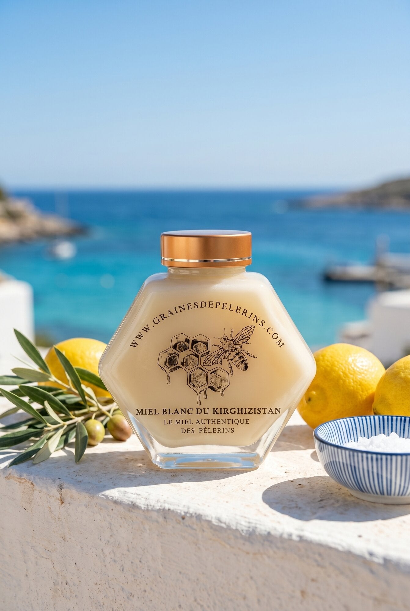 Pot actuel de Miel Blanc face à la mer méditerranéenne avec citrons et olives d’été