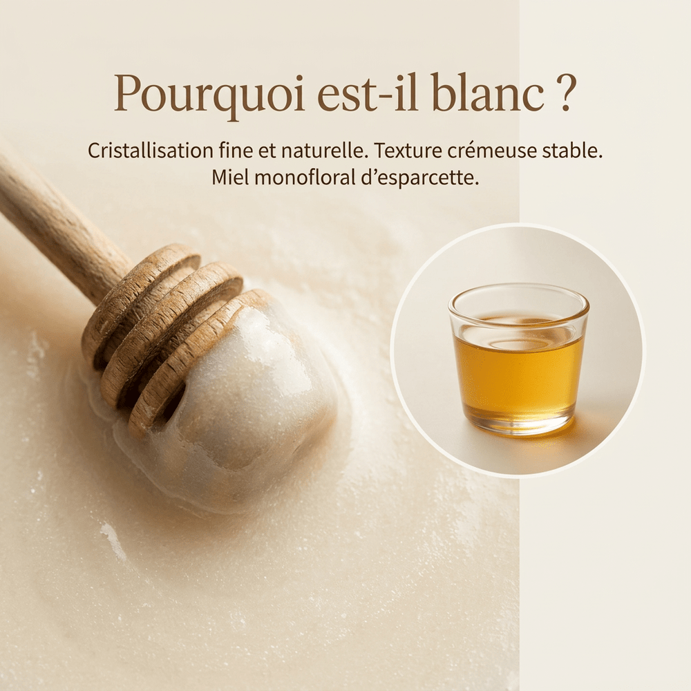 Miel Blanc du Kirghizistan vu de profil dans son écrin