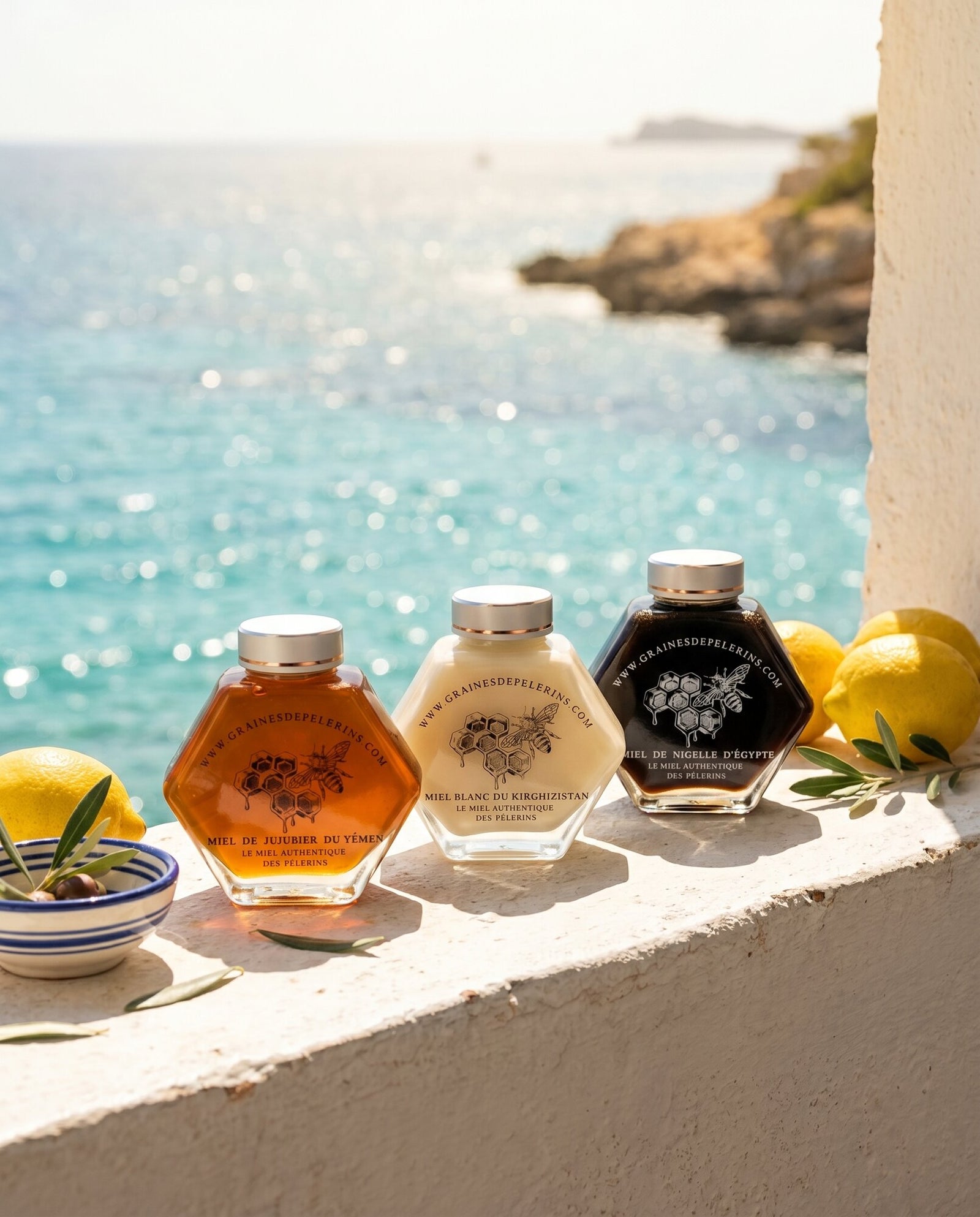 Trois miels rares Graines de Pèlerins alignés sur un muret blanc face à la mer, citrons et olives d'été