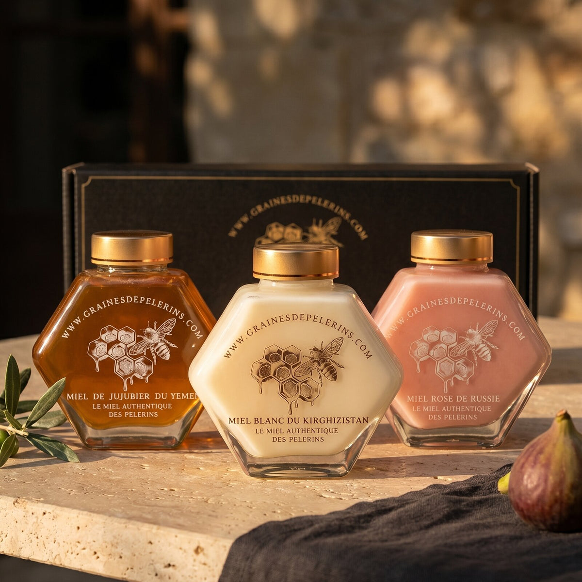 Coffret Prestige, écrin noir et or, miels rares, été