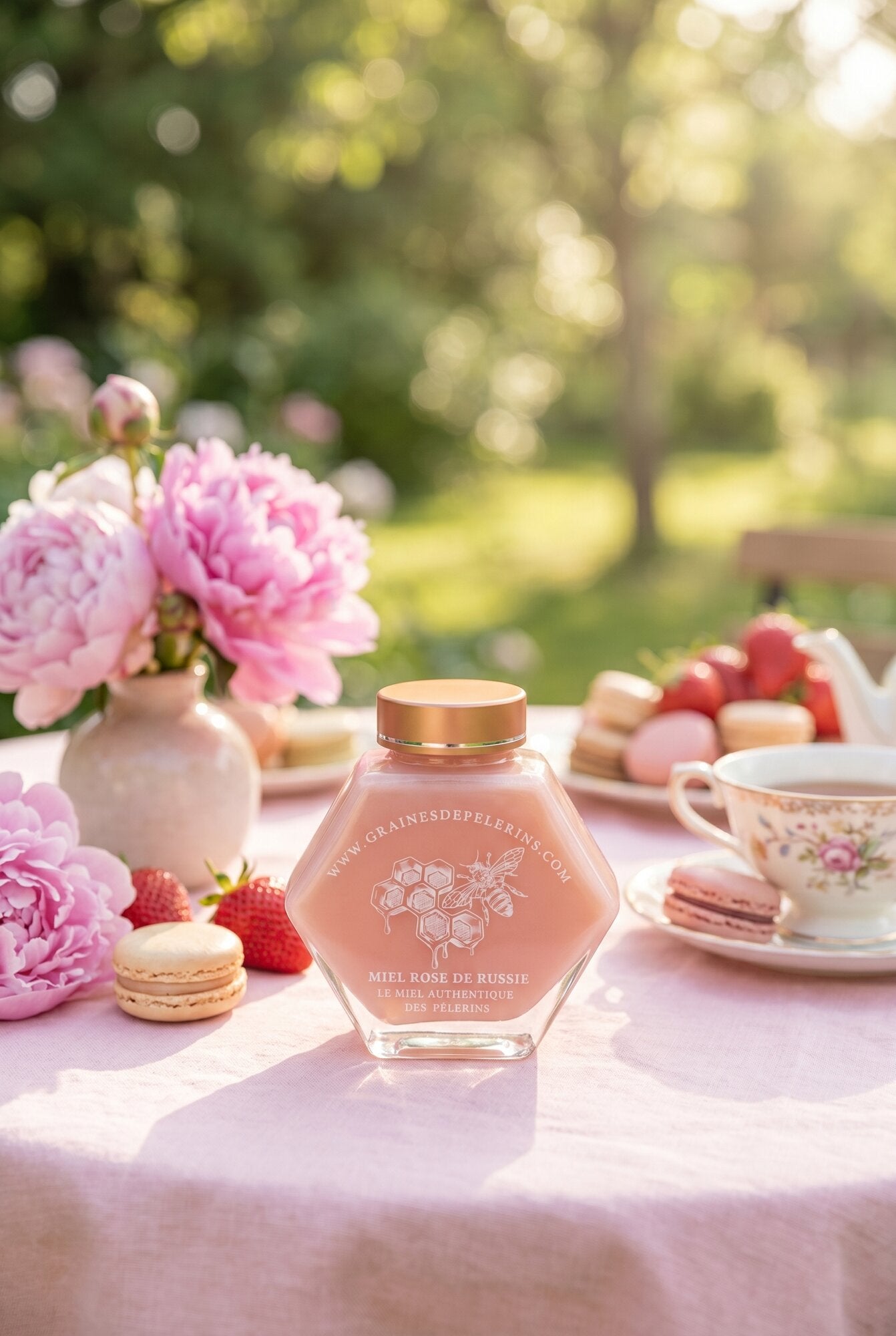 Pot actuel d’Aromiel Rose sur une table d’été avec pivoines roses et macarons