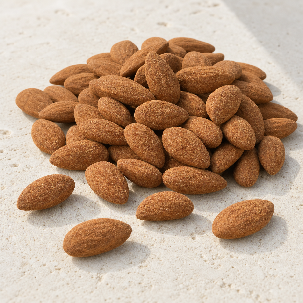Amandes entières recouvertes d’un poudrage brun cannelle fin et mat