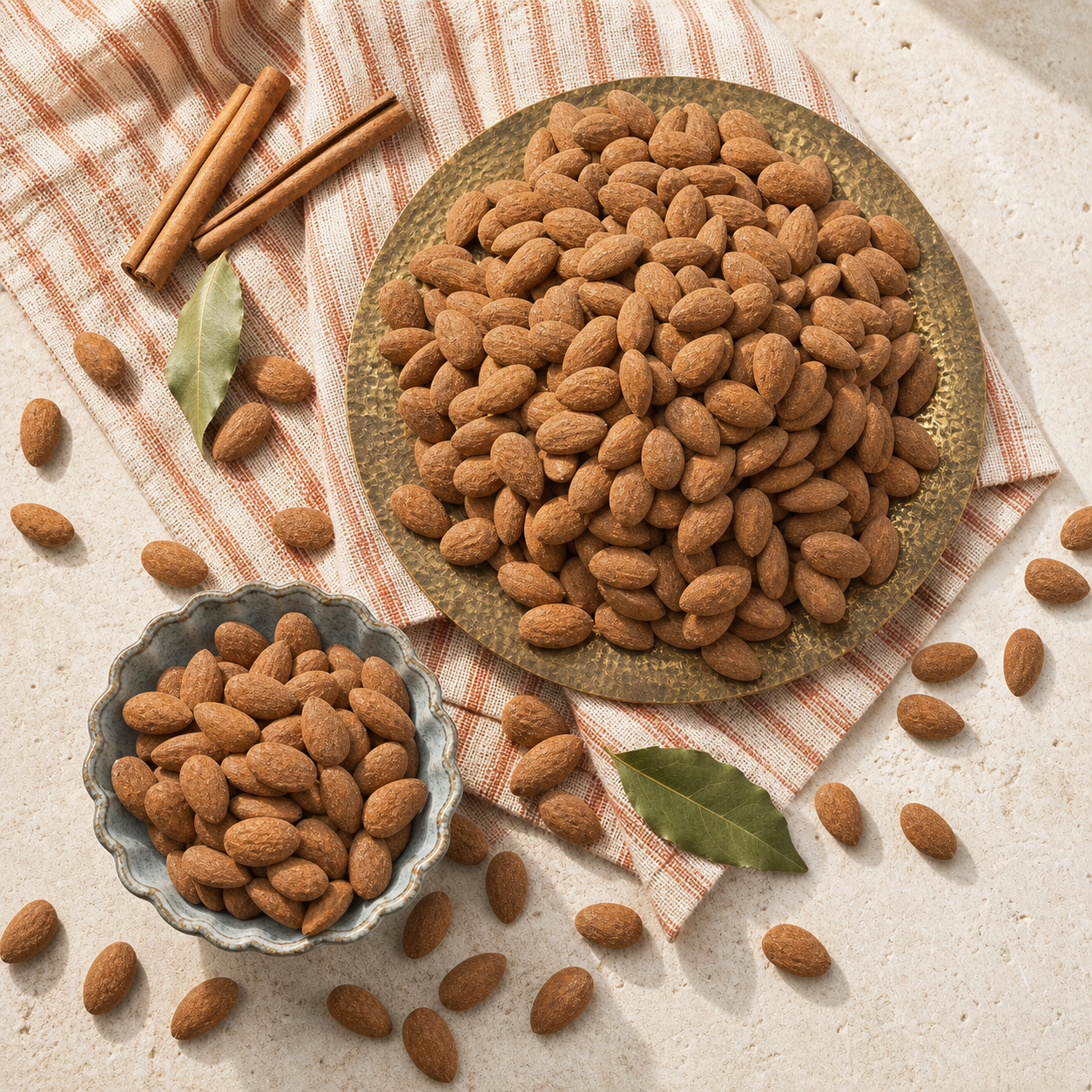 Amandes Cannelle servies dans deux plats sur un linge rayé, avec quelques amandes éparses