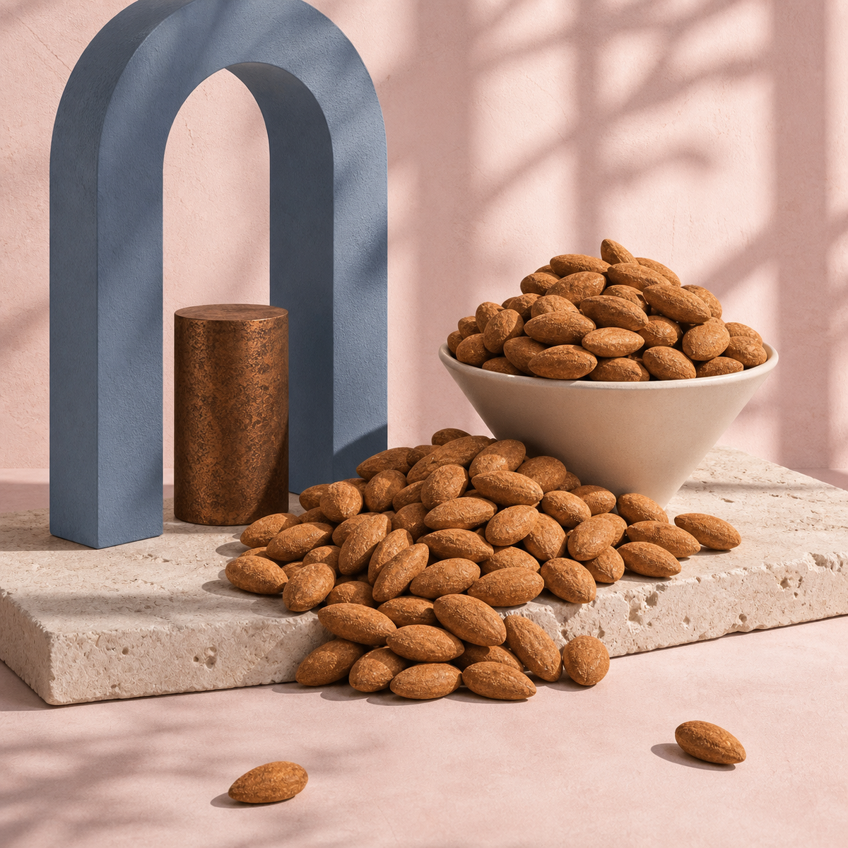 Amandes Cannelle débordant d’un bol dans une nature morte rose, bleue et minérale