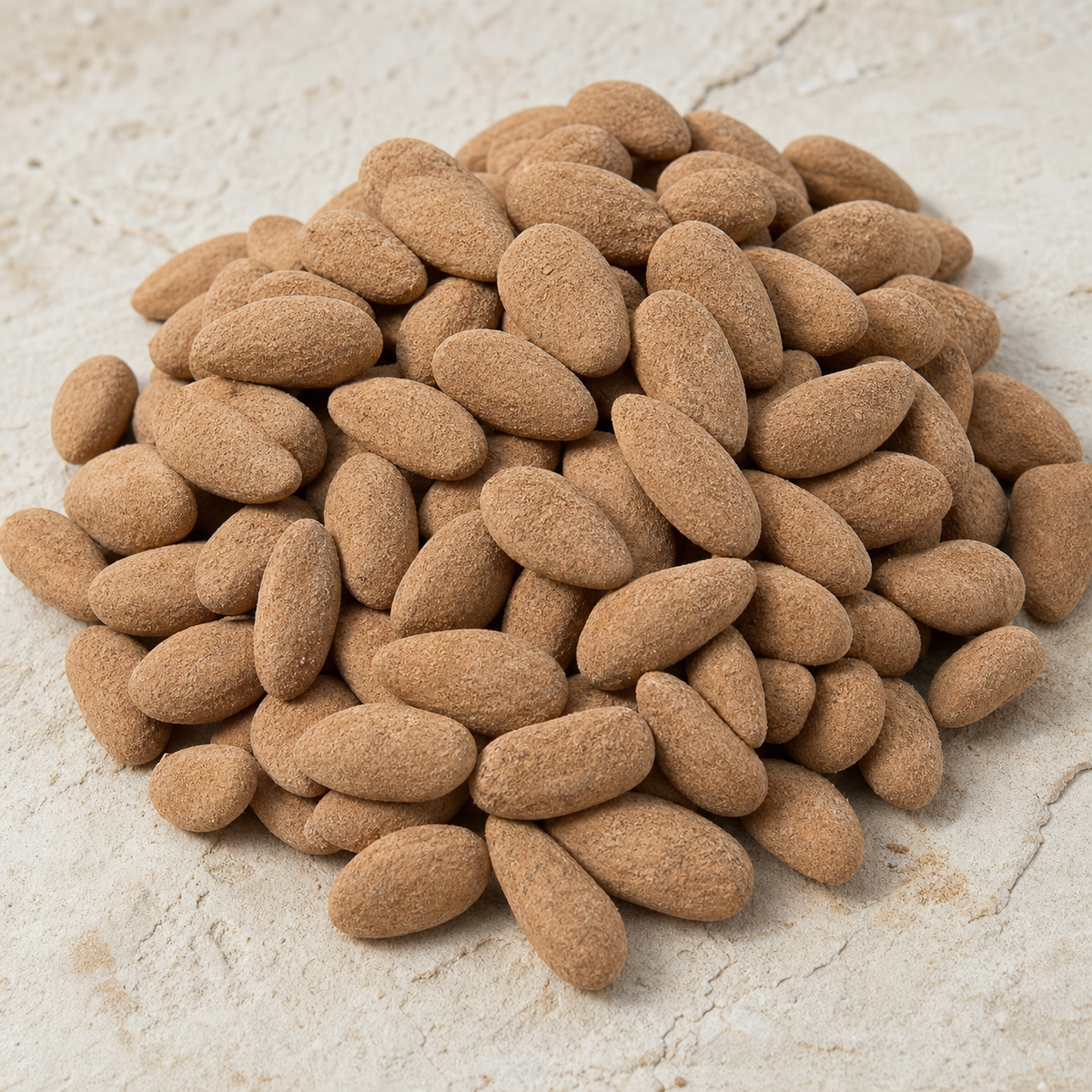 Gros plan d’Amandes Chocolat au poudrage de cacao clair et mat