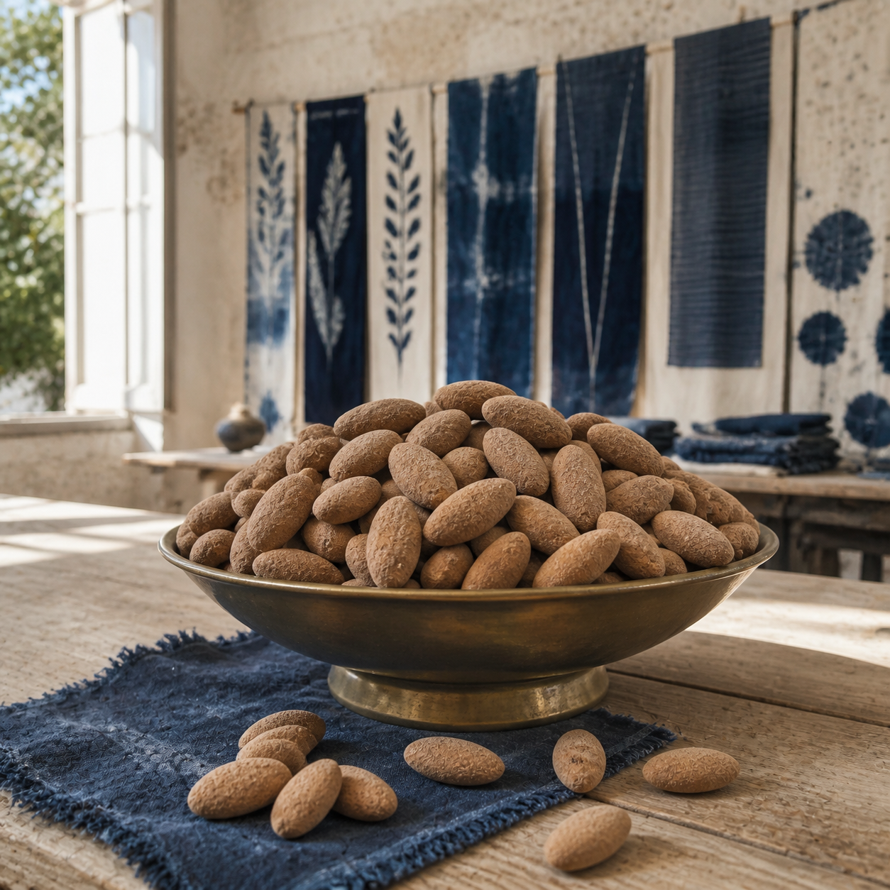 Amandes Chocolat au cacao clair servies dans un bol sombre sur un textile bleu