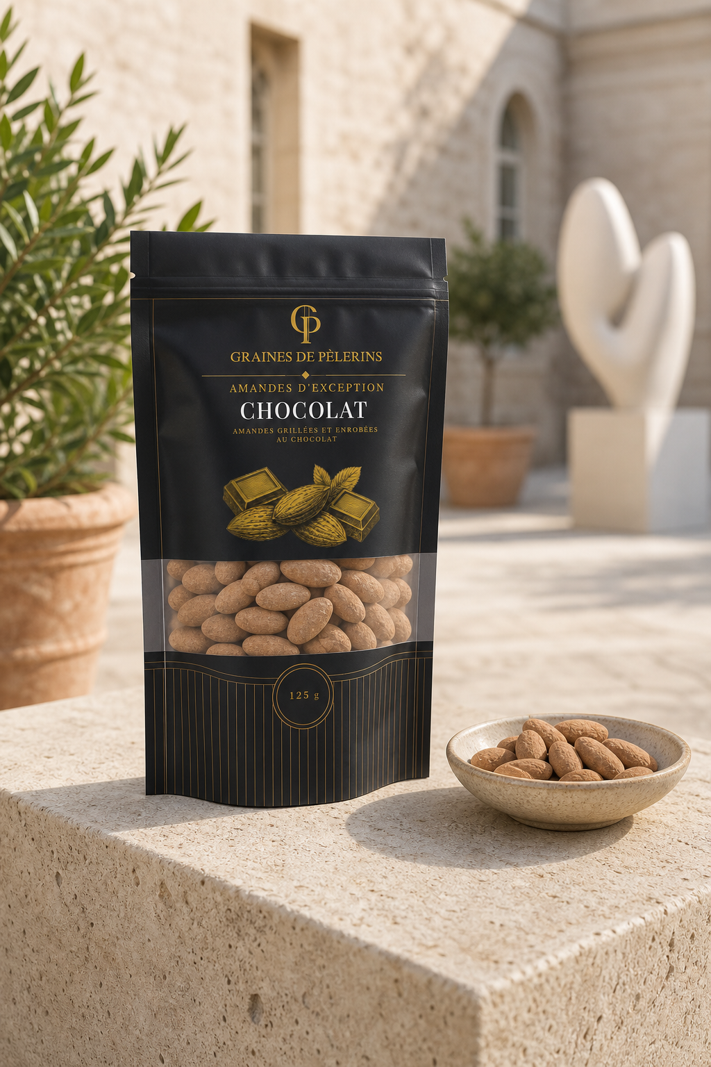 Sachet actuel d’Amandes d’Exception Chocolat entouré d’amandes à l’enrobage cacao