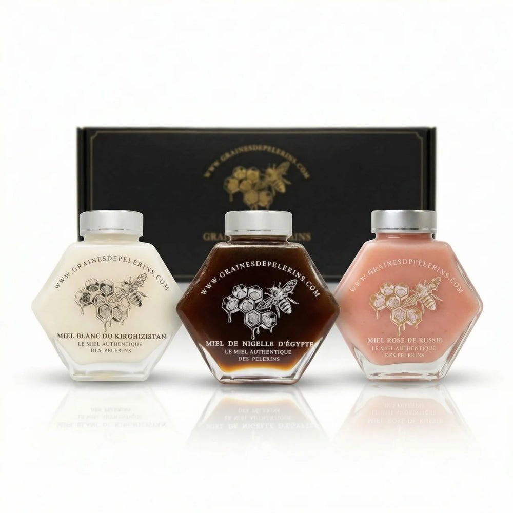 Coffret Découverte Miels Blanc, Nigelle, Rose 3×250g