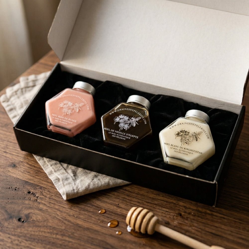 Coffret Découverte Miels Blanc, Nigelle, Rose 3×250g