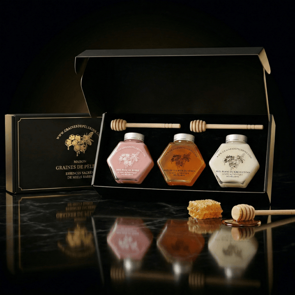 Composez votre coffret de trois miels rares dans l'écrin signature noir et or
