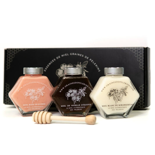 COFFRET DÉCOUVERTE Miels Blanc, Nigelle, Rose 3×250g