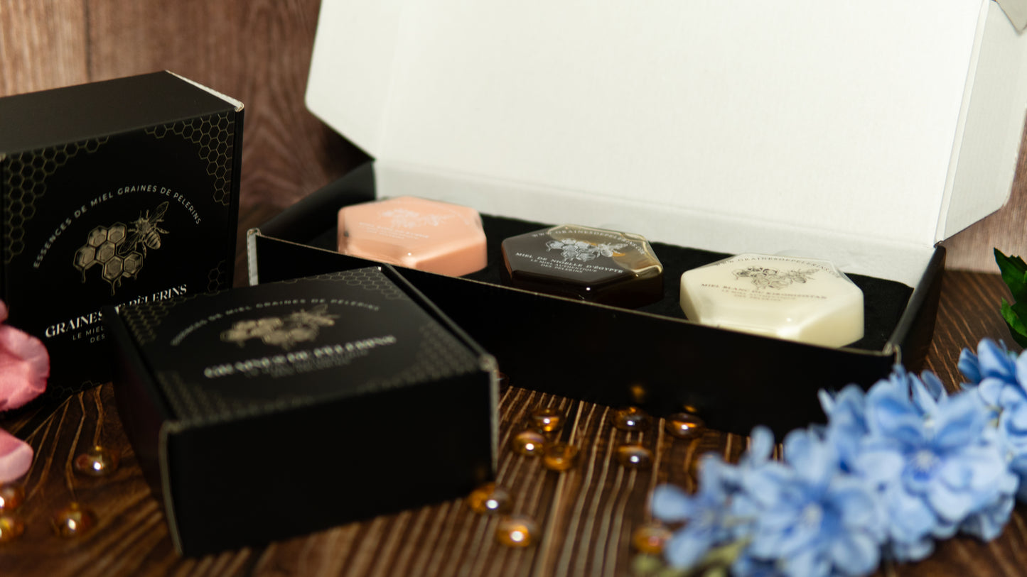 COFFRET DÉCOUVERTE Miels Blanc, Nigelle & Rose 3×250g